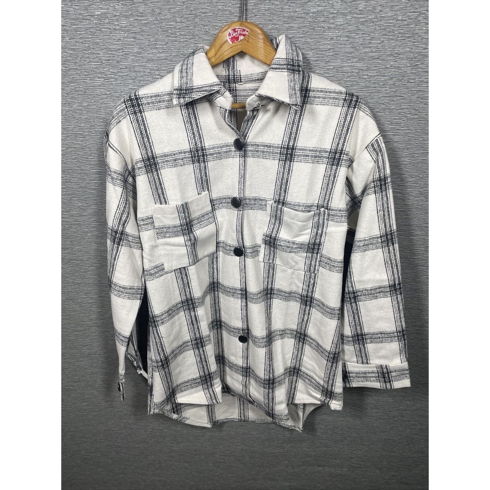 Mens Button Up Flannel Shirt Soft White And Black Size Large